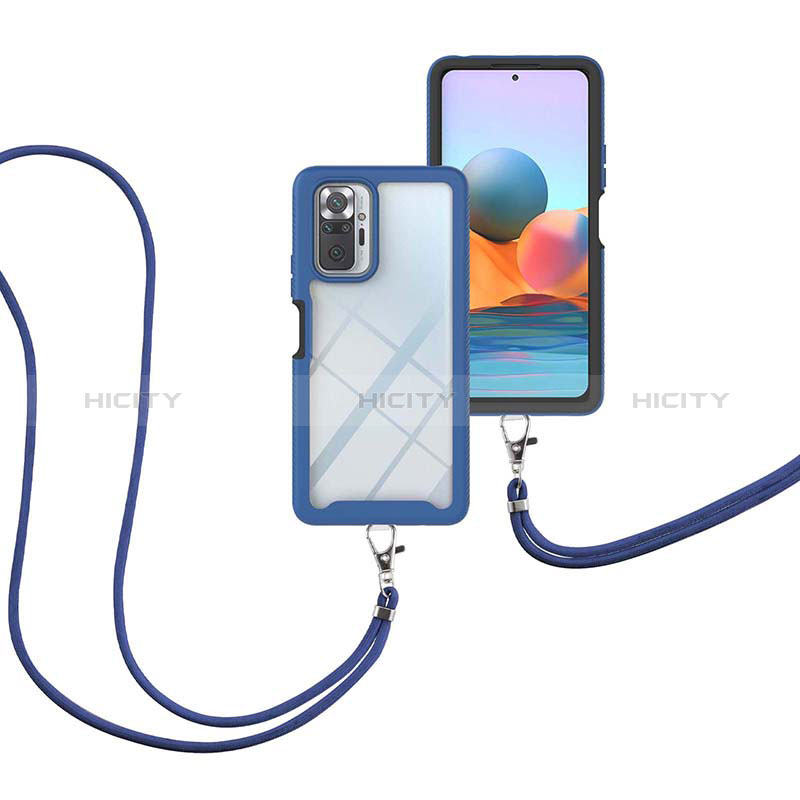 Silikon Hülle Handyhülle und Kunststoff Schutzhülle Hartschalen Tasche Vorder und Rückseite 360 Grad Ganzkörper mit Schlüsselband Lanyard für Xiaomi Redmi Note 10 Pro 4G Blau