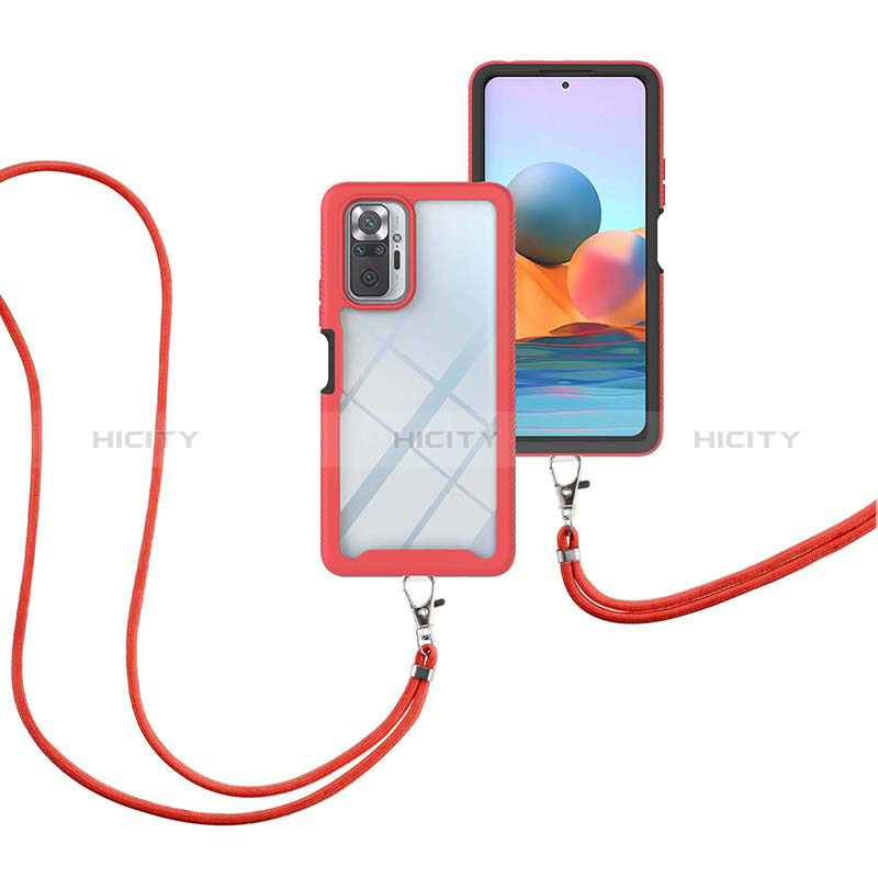 Silikon Hülle Handyhülle und Kunststoff Schutzhülle Hartschalen Tasche Vorder und Rückseite 360 Grad Ganzkörper mit Schlüsselband Lanyard für Xiaomi Redmi Note 10 Pro 4G Rot