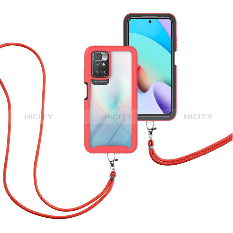 Silikon Hülle Handyhülle und Kunststoff Schutzhülle Hartschalen Tasche Vorder und Rückseite 360 Grad Ganzkörper mit Schlüsselband Lanyard für Xiaomi Redmi Note 11 4G (2021) Rot Plus
