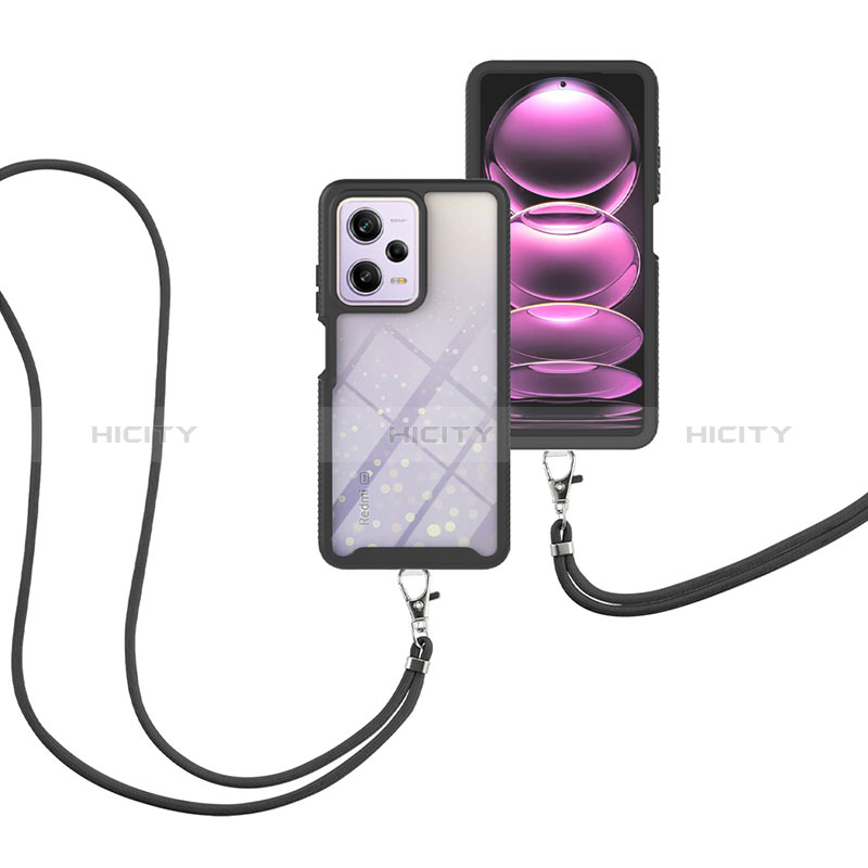 Silikon Hülle Handyhülle und Kunststoff Schutzhülle Hartschalen Tasche Vorder und Rückseite 360 Grad Ganzkörper mit Schlüsselband Lanyard für Xiaomi Redmi Note 12 Pro 5G Schwarz