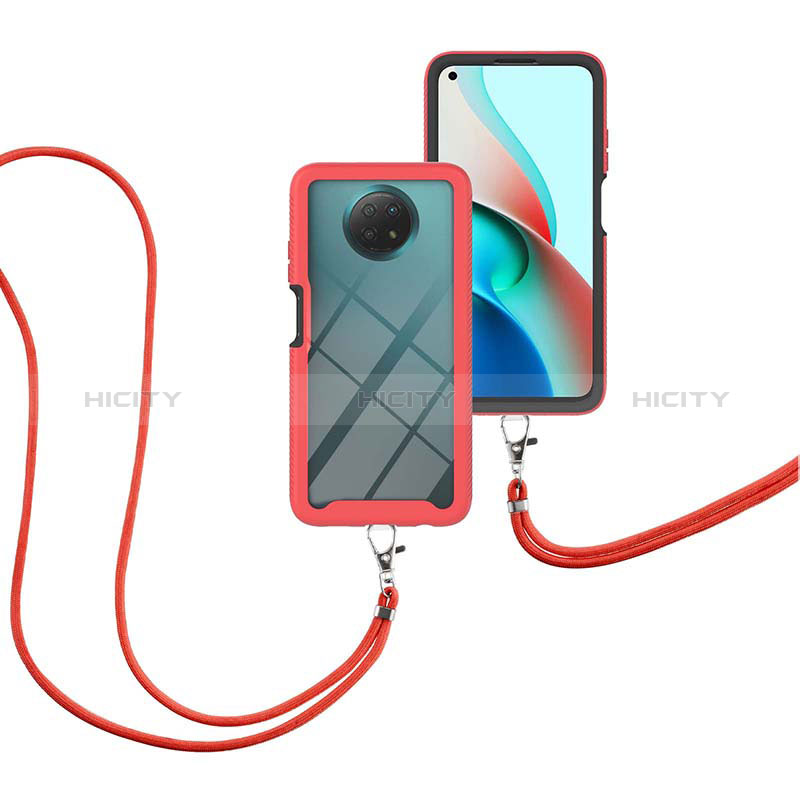 Silikon Hülle Handyhülle und Kunststoff Schutzhülle Hartschalen Tasche Vorder und Rückseite 360 Grad Ganzkörper mit Schlüsselband Lanyard für Xiaomi Redmi Note 9 5G Rot