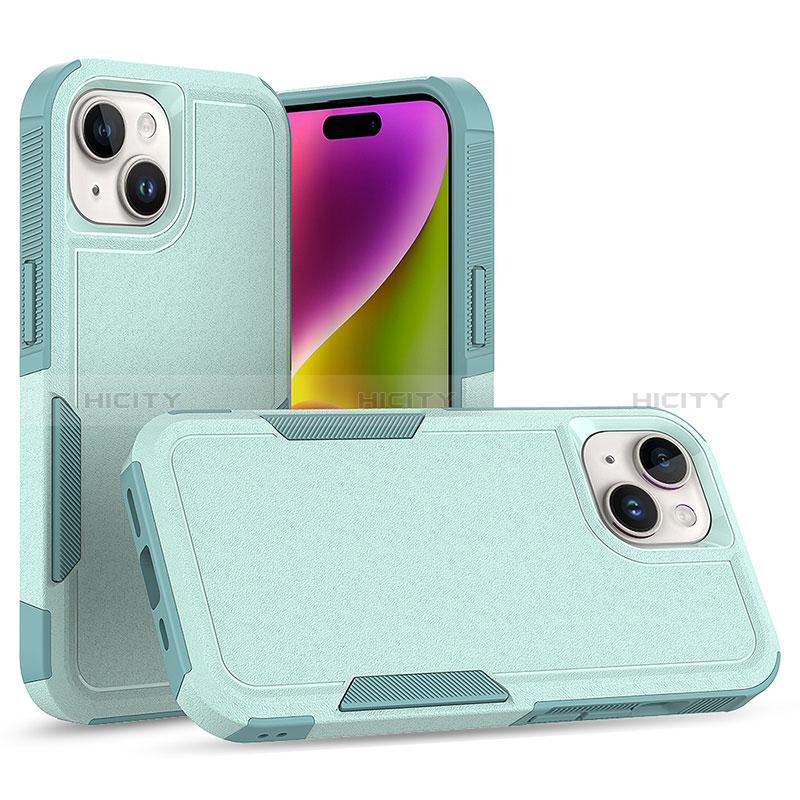 Silikon Hülle Handyhülle und Kunststoff Schutzhülle Hartschalen Tasche Vorder und Rückseite 360 Grad Ganzkörper MQ1 für Apple iPhone 14 Cyan Plus