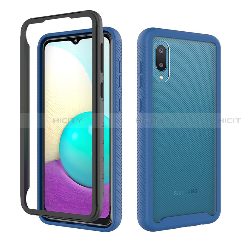 Silikon Hülle Handyhülle und Kunststoff Schutzhülle Hartschalen Tasche Vorder und Rückseite 360 Grad Ganzkörper U01 für Samsung Galaxy A02 Blau