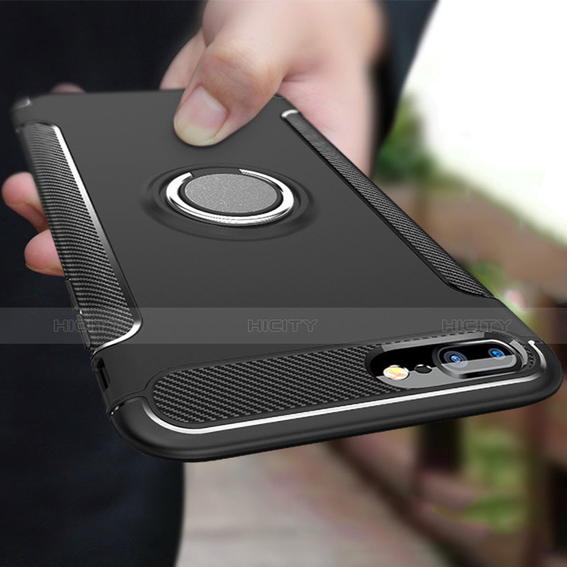 Silikon Hülle Handyhülle und Kunststoff Schutzhülle mit Fingerring Ständer A03 für Apple iPhone 7 Plus Schwarz