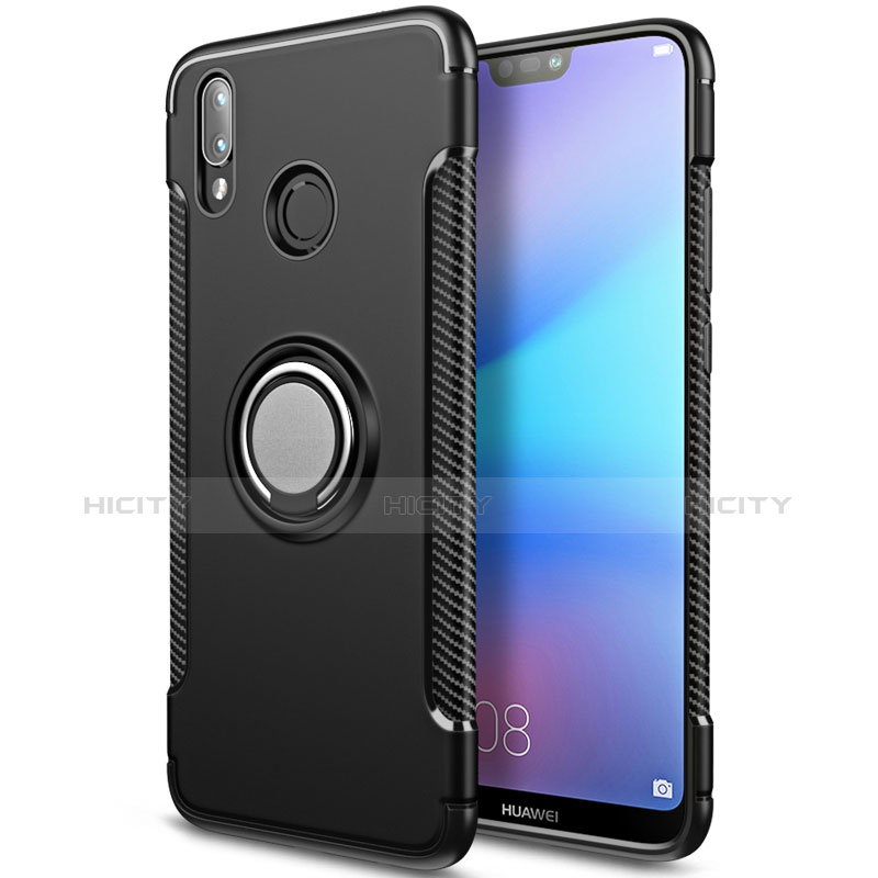 Silikon Hülle Handyhülle und Kunststoff Schutzhülle mit Fingerring Ständer für Huawei Nova 3e Schwarz Plus