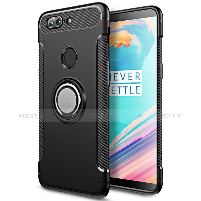 Silikon Hülle Handyhülle und Kunststoff Schutzhülle mit Fingerring Ständer für OnePlus 5T A5010 Schwarz