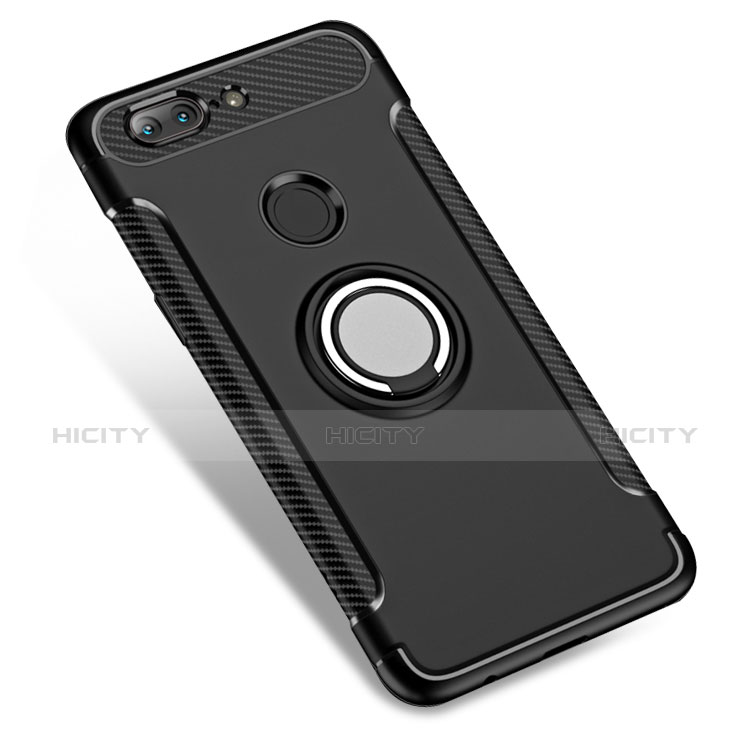 Silikon Hülle Handyhülle und Kunststoff Schutzhülle mit Fingerring Ständer für OnePlus 5T A5010 Schwarz