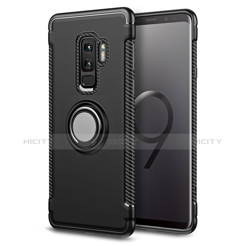 Silikon Hülle Handyhülle und Kunststoff Schutzhülle mit Fingerring Ständer für Samsung Galaxy S9 Plus Schwarz Plus