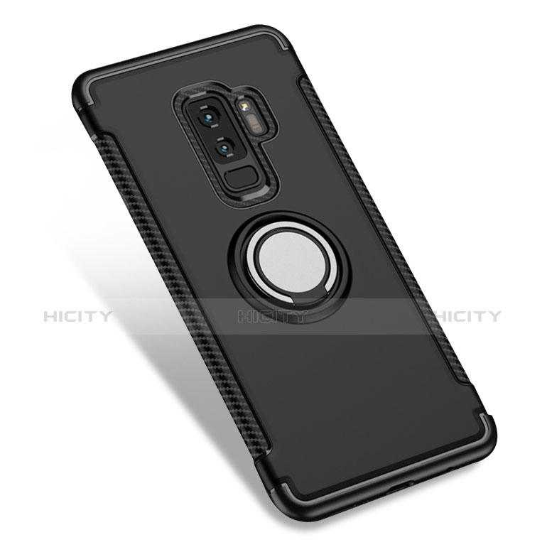 Silikon Hülle Handyhülle und Kunststoff Schutzhülle mit Fingerring Ständer für Samsung Galaxy S9 Plus Schwarz groß