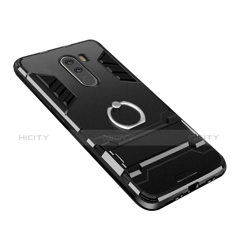 Silikon Hülle Handyhülle und Kunststoff Schutzhülle mit Fingerring Ständer für Xiaomi Pocophone F1 Schwarz