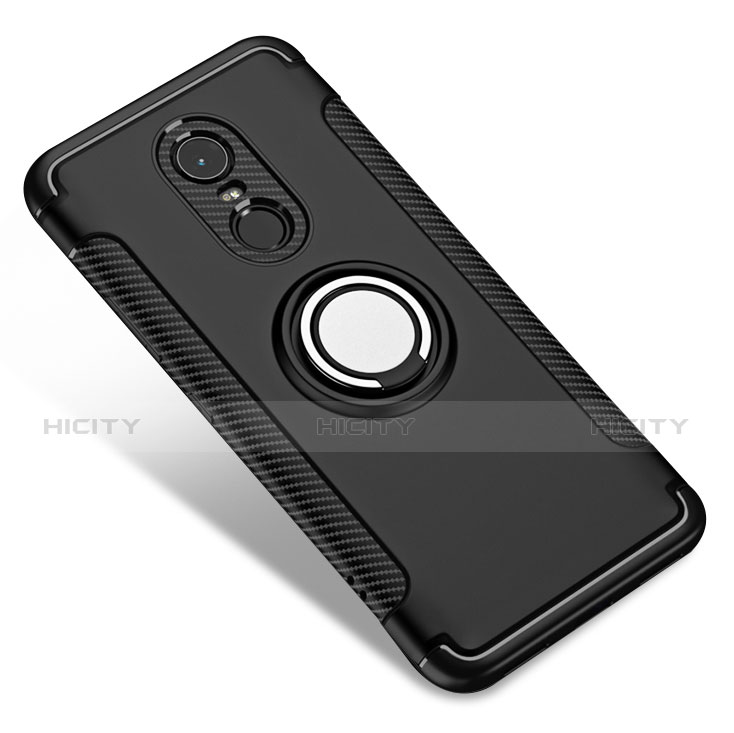 Silikon Hülle Handyhülle und Kunststoff Schutzhülle mit Fingerring Ständer für Xiaomi Redmi Note 5 Indian Version Schwarz groß