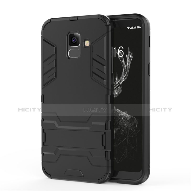 Silikon Hülle Handyhülle und Kunststoff Schutzhülle mit Ständer für Samsung Galaxy A6 (2018) Schwarz