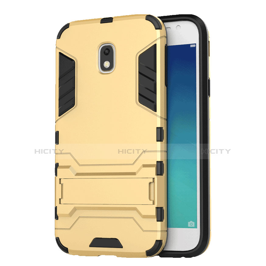 Silikon Hülle Handyhülle und Kunststoff Schutzhülle mit Ständer für Samsung Galaxy J3 (2017) J330F DS Gold Plus