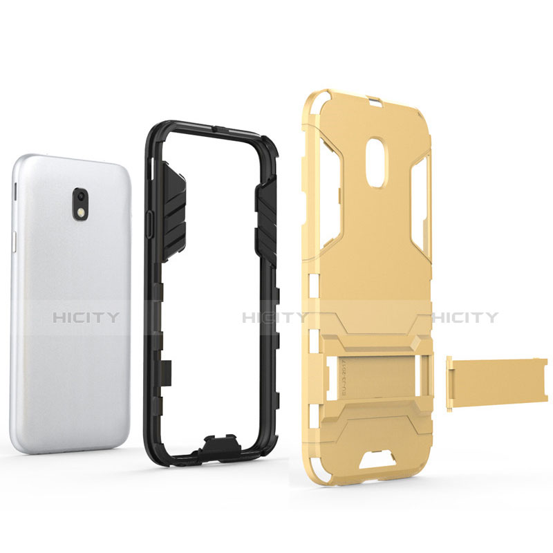 Silikon Hülle Handyhülle und Kunststoff Schutzhülle mit Ständer für Samsung Galaxy J3 (2017) J330F DS Gold groß