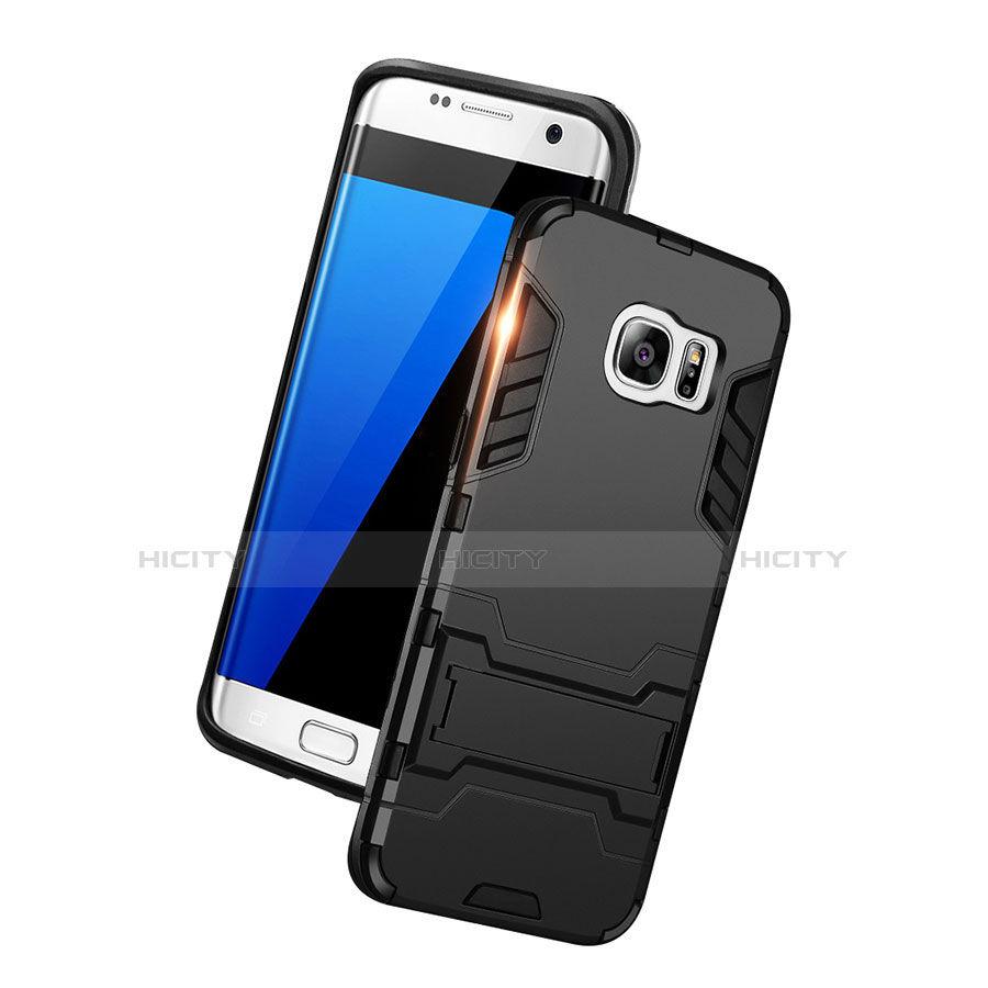 Silikon Hülle Handyhülle und Kunststoff Schutzhülle mit Ständer für Samsung Galaxy S7 Edge G935F Schwarz