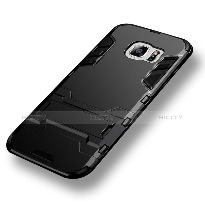 Silikon Hülle Handyhülle und Kunststoff Schutzhülle mit Ständer für Samsung Galaxy S7 Edge G935F Schwarz