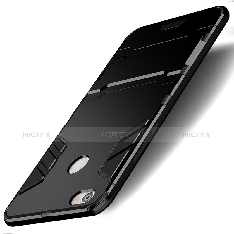 Silikon Hülle Handyhülle und Kunststoff Schutzhülle mit Ständer für Xiaomi Redmi Note 5A High Edition Schwarz