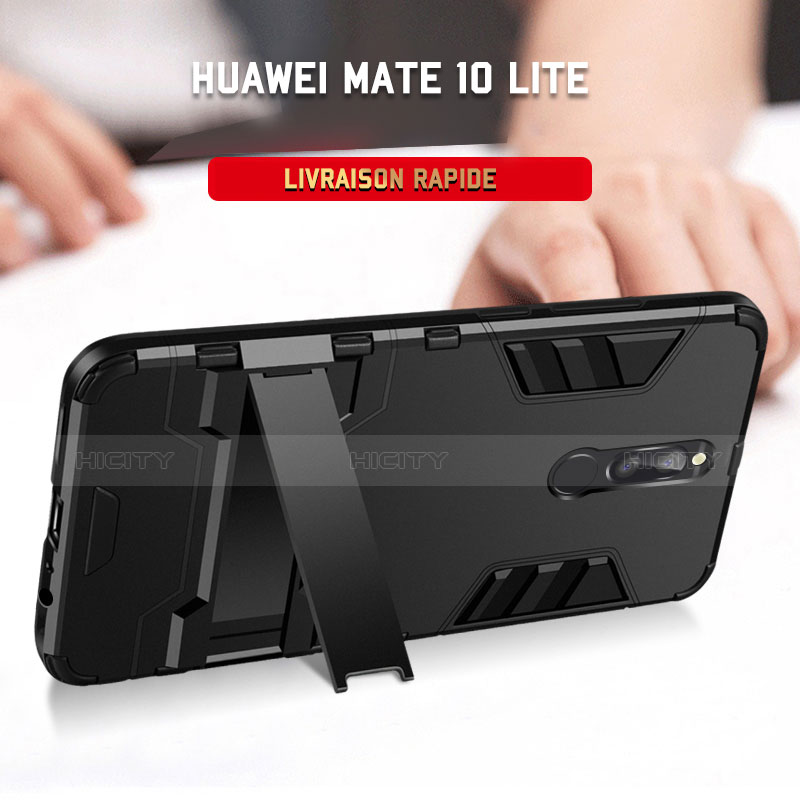 Silikon Hülle Handyhülle und Kunststoff Schutzhülle mit Ständer R01 für Huawei Mate 10 Lite Schwarz