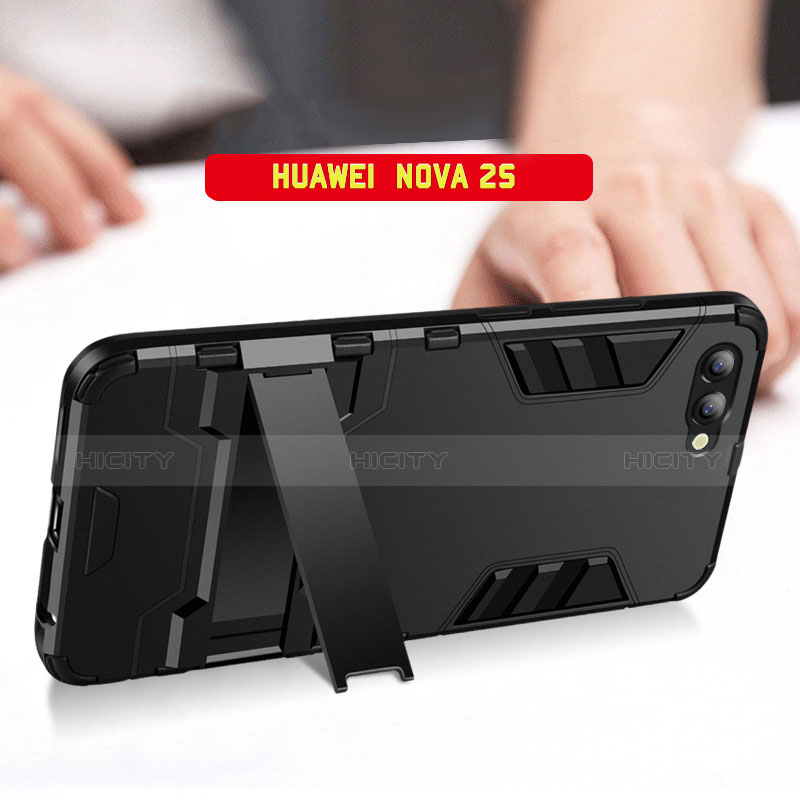 Silikon Hülle Handyhülle und Kunststoff Schutzhülle mit Ständer R01 für Huawei Nova 2S Schwarz groß