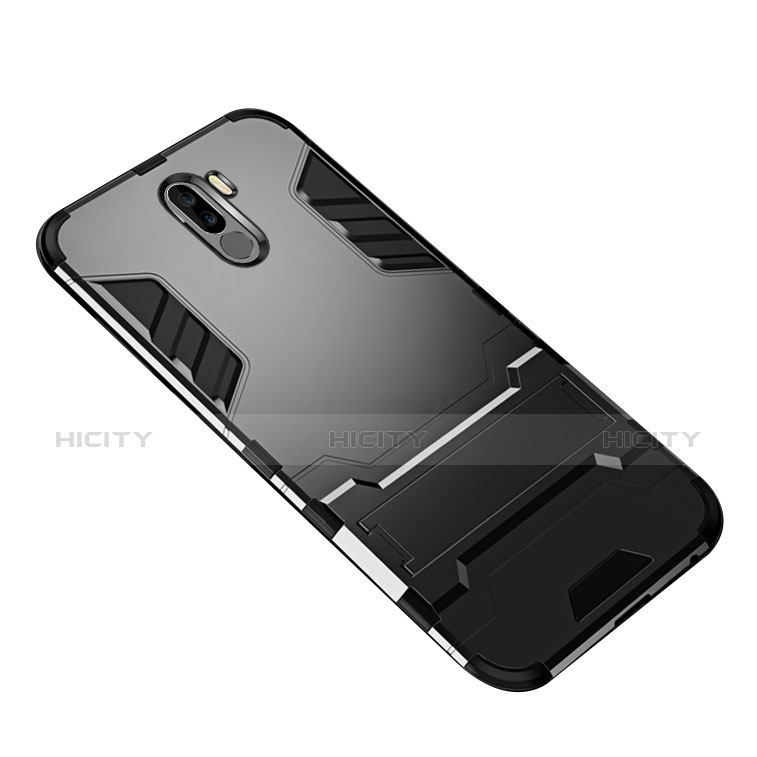 Silikon Hülle Handyhülle und Kunststoff Schutzhülle mit Ständer W01 für Xiaomi Pocophone F1 Schwarz