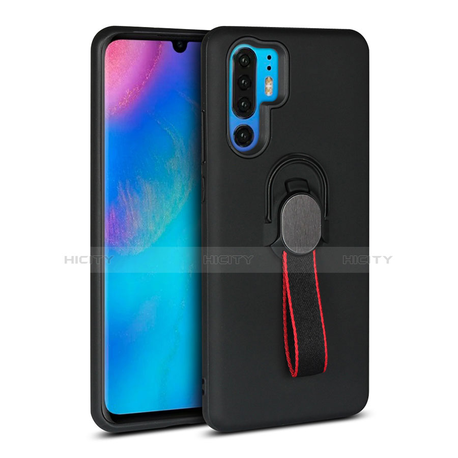 Silikon Hülle Handyhülle und Kunststoff Schutzhülle Tasche mit Fingerring Ständer für Huawei P30 Pro New Edition Schwarz Plus