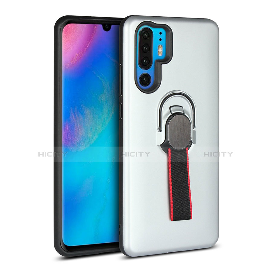 Silikon Hülle Handyhülle und Kunststoff Schutzhülle Tasche mit Fingerring Ständer für Huawei P30 Pro New Edition Silber