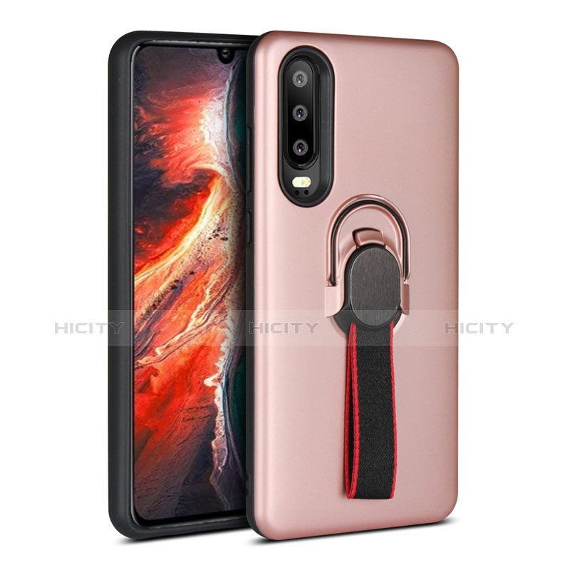 Silikon Hülle Handyhülle und Kunststoff Schutzhülle Tasche mit Fingerring Ständer für Huawei P30 Rosegold