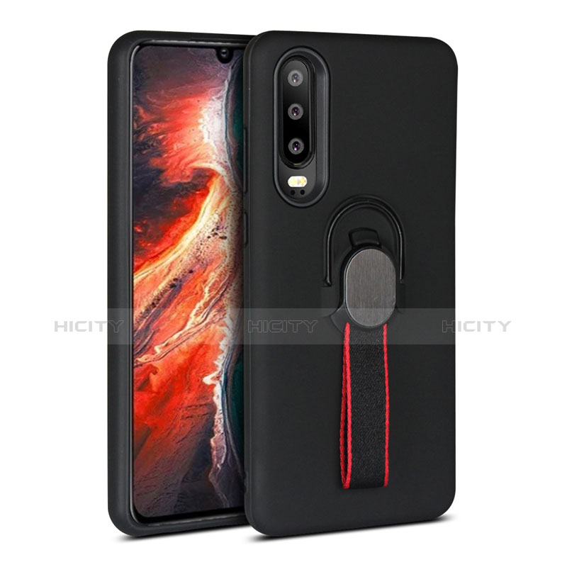 Silikon Hülle Handyhülle und Kunststoff Schutzhülle Tasche mit Fingerring Ständer für Huawei P30 Schwarz Plus