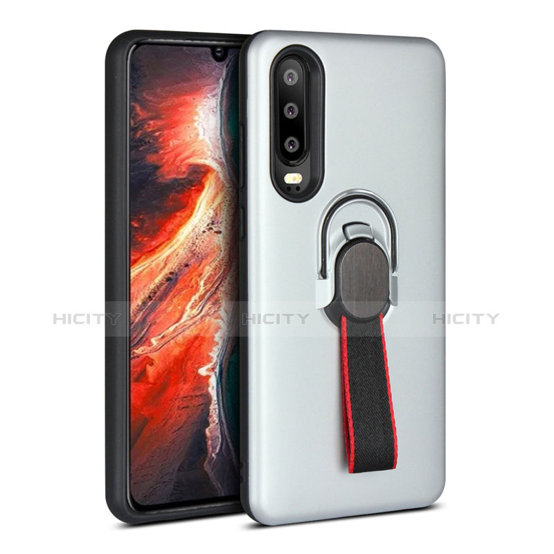 Silikon Hülle Handyhülle und Kunststoff Schutzhülle Tasche mit Fingerring Ständer für Huawei P30 Weiß