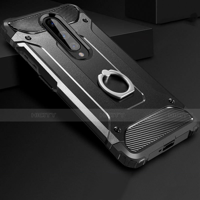 Silikon Hülle Handyhülle und Kunststoff Schutzhülle Tasche mit Fingerring Ständer für OnePlus 8 Schwarz