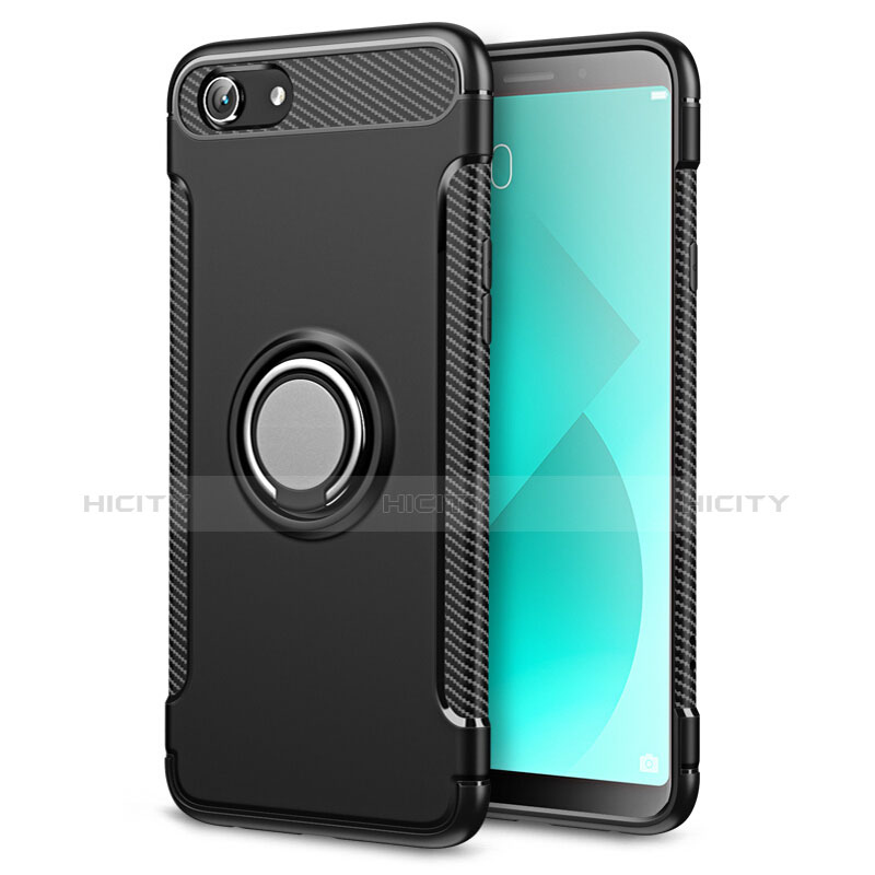 Silikon Hülle Handyhülle und Kunststoff Schutzhülle Tasche mit Fingerring Ständer für Oppo A3 Schwarz