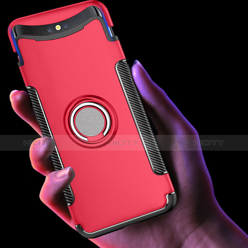 Silikon Hülle Handyhülle und Kunststoff Schutzhülle Tasche mit Fingerring Ständer für Oppo Find X Super Flash Edition Rot