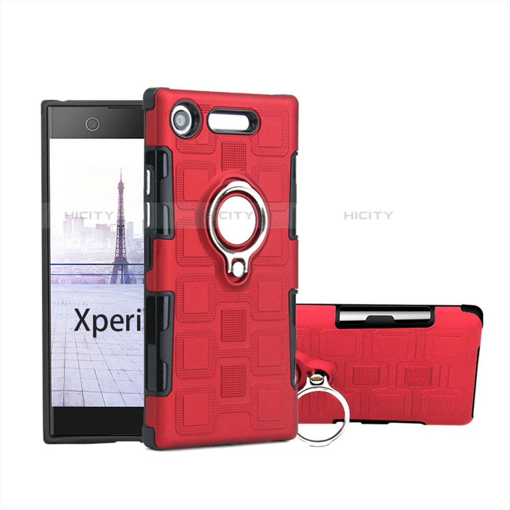 Silikon Hülle Handyhülle und Kunststoff Schutzhülle Tasche mit Fingerring Ständer für Sony Xperia XZ1 Compact Rot