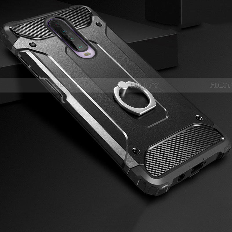 Silikon Hülle Handyhülle und Kunststoff Schutzhülle Tasche mit Fingerring Ständer für Xiaomi Poco X2 Schwarz Plus