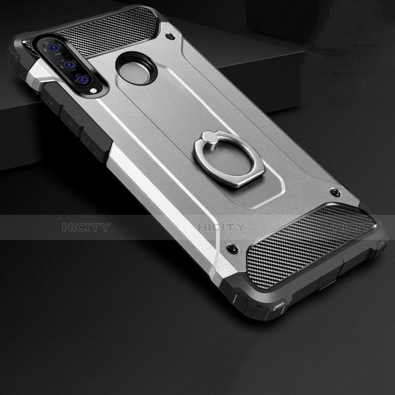Silikon Hülle Handyhülle und Kunststoff Schutzhülle Tasche mit Fingerring Ständer H01 für Huawei P30 Lite XL Silber