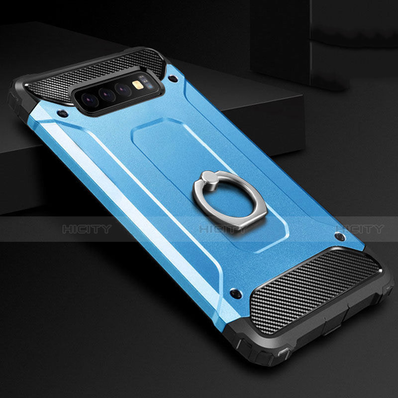 Silikon Hülle Handyhülle und Kunststoff Schutzhülle Tasche mit Fingerring Ständer H01 für Samsung Galaxy S10 5G Hellblau Plus