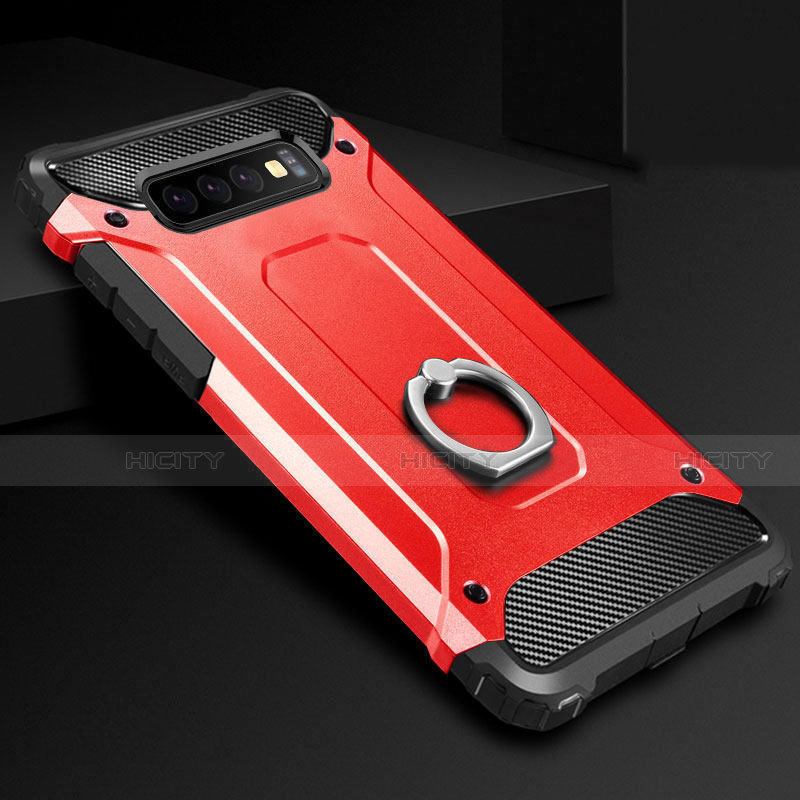 Silikon Hülle Handyhülle und Kunststoff Schutzhülle Tasche mit Fingerring Ständer H01 für Samsung Galaxy S10 Rot