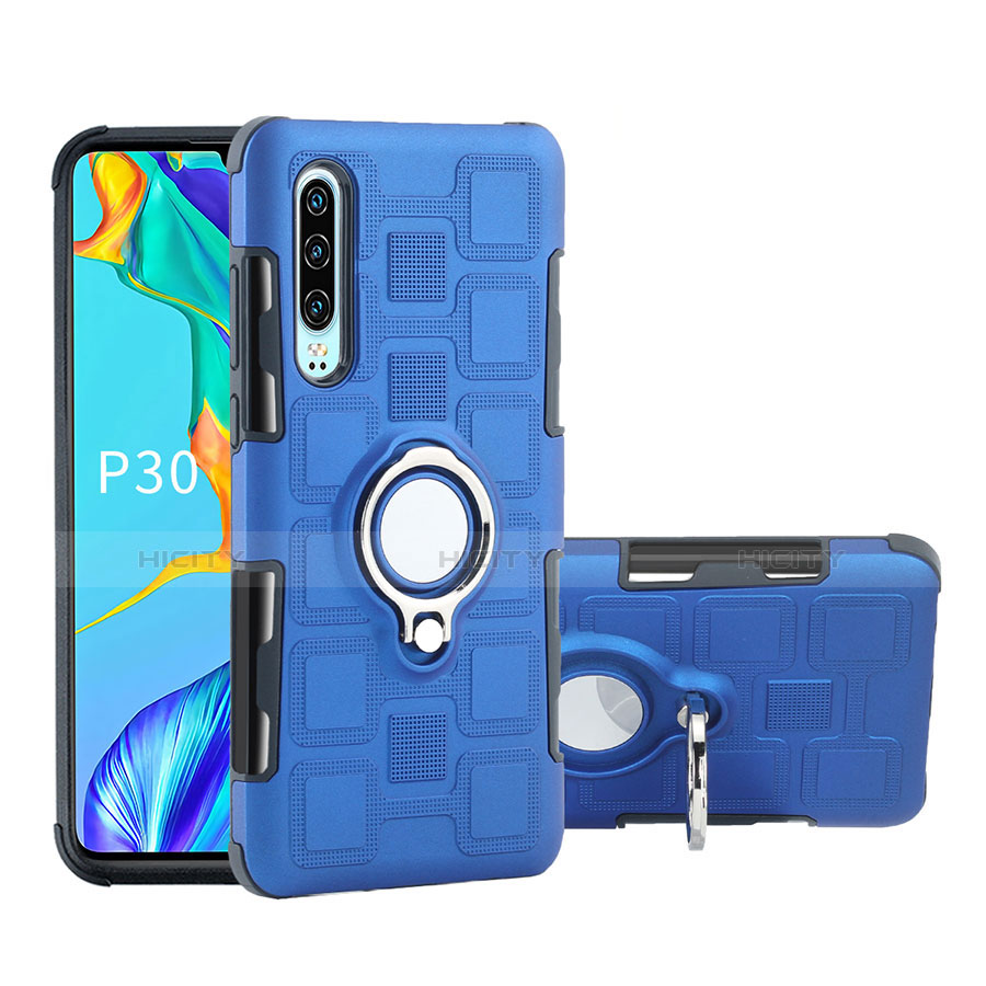 Silikon Hülle Handyhülle und Kunststoff Schutzhülle Tasche mit Fingerring Ständer S01 für Huawei P30 Blau