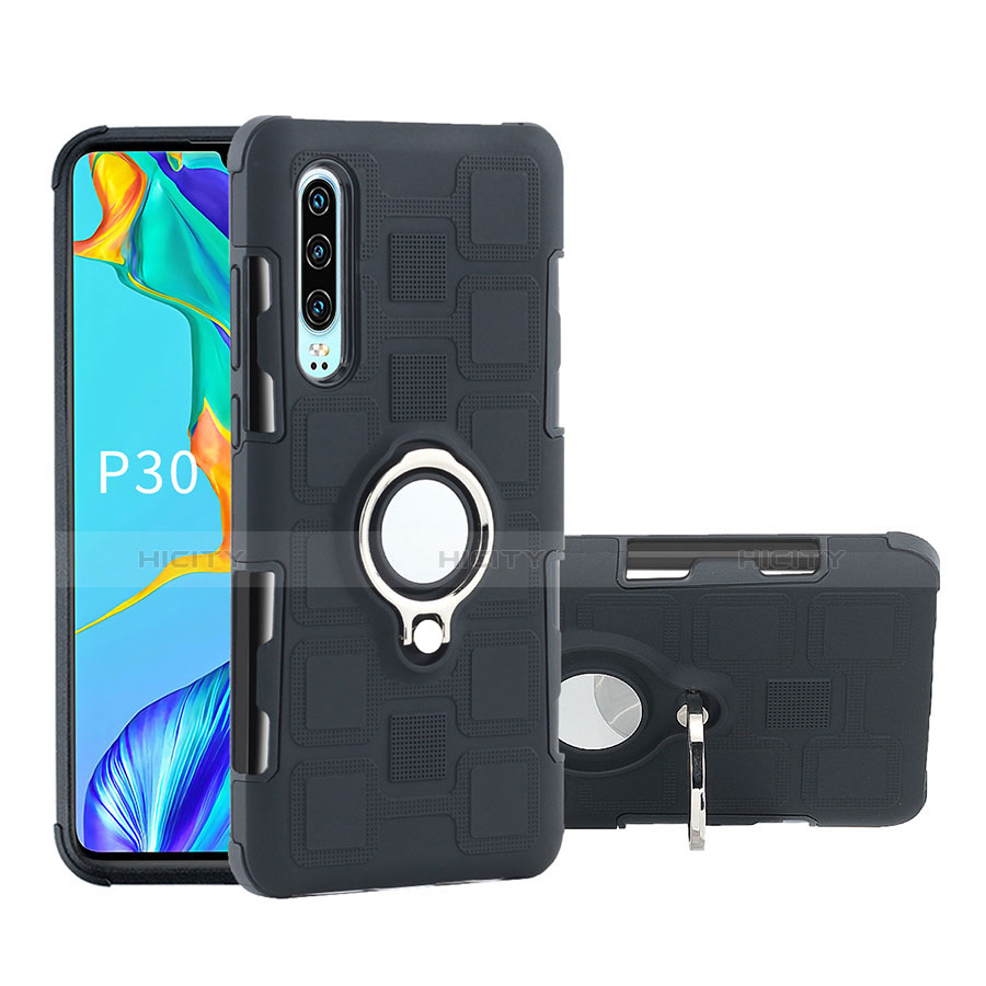 Silikon Hülle Handyhülle und Kunststoff Schutzhülle Tasche mit Fingerring Ständer S01 für Huawei P30 Schwarz