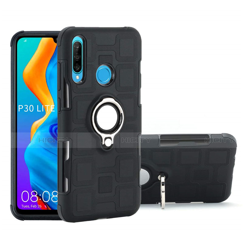 Silikon Hülle Handyhülle und Kunststoff Schutzhülle Tasche mit Magnetisch Fingerring Ständer A01 für Huawei Nova 4e Schwarz