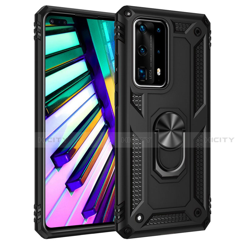 Silikon Hülle Handyhülle und Kunststoff Schutzhülle Tasche mit Magnetisch Fingerring Ständer C01 für Huawei P40 Pro+ Plus Schwarz