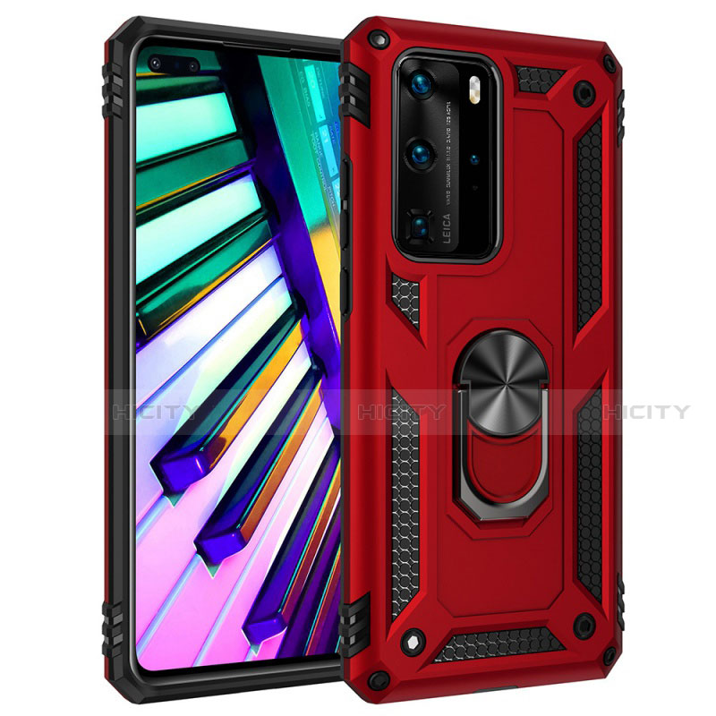 Silikon Hülle Handyhülle und Kunststoff Schutzhülle Tasche mit Magnetisch Fingerring Ständer C01 für Huawei P40 Pro Rot