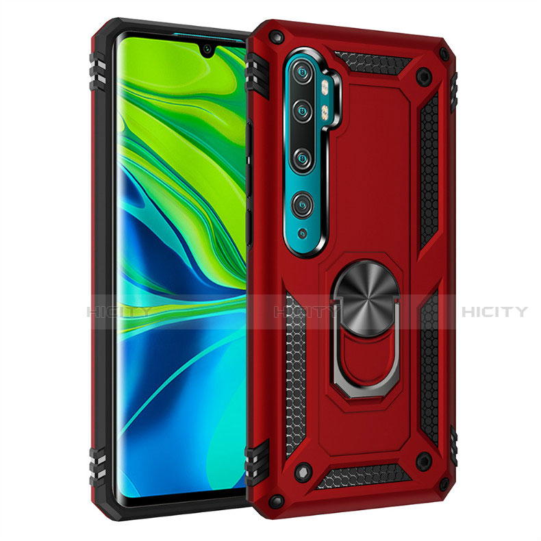 Silikon Hülle Handyhülle und Kunststoff Schutzhülle Tasche mit Magnetisch Fingerring Ständer D01 für Xiaomi Mi Note 10 Pro Rot