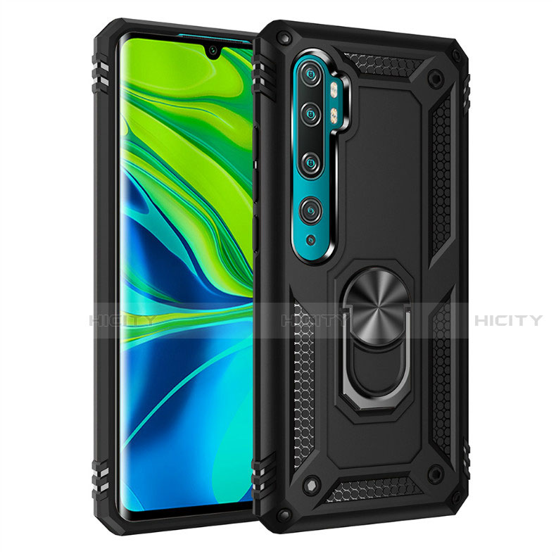 Silikon Hülle Handyhülle und Kunststoff Schutzhülle Tasche mit Magnetisch Fingerring Ständer D01 für Xiaomi Mi Note 10 Pro Schwarz Plus