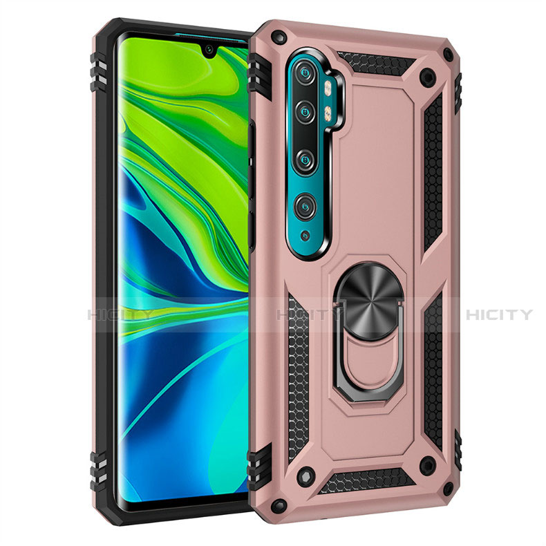 Silikon Hülle Handyhülle und Kunststoff Schutzhülle Tasche mit Magnetisch Fingerring Ständer D01 für Xiaomi Mi Note 10 Rosegold