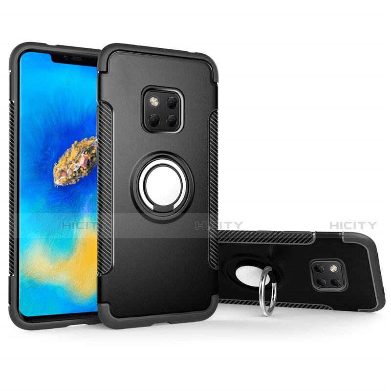 Silikon Hülle Handyhülle und Kunststoff Schutzhülle Tasche mit Magnetisch Fingerring Ständer für Huawei Mate 20 Pro Schwarz