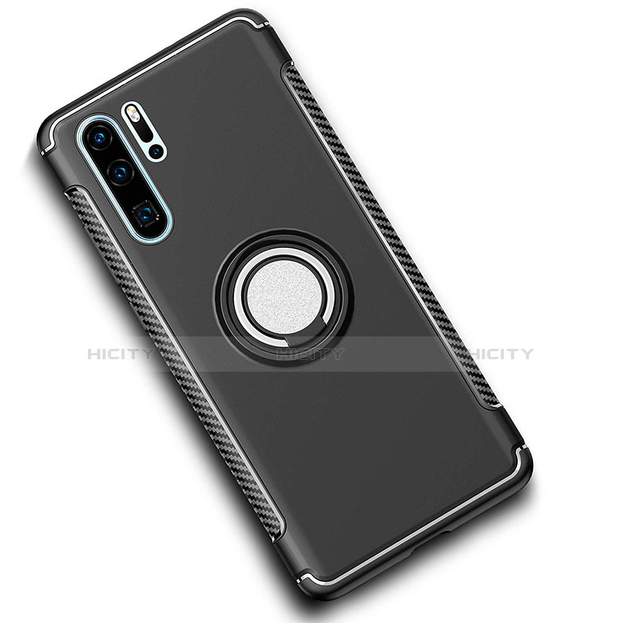 Silikon Hülle Handyhülle und Kunststoff Schutzhülle Tasche mit Magnetisch Fingerring Ständer für Huawei P30 Pro New Edition Schwarz