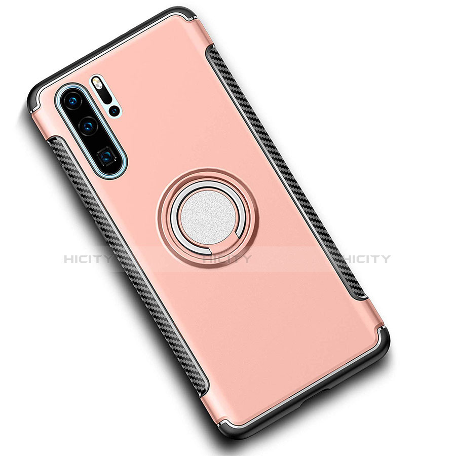 Silikon Hülle Handyhülle und Kunststoff Schutzhülle Tasche mit Magnetisch Fingerring Ständer für Huawei P30 Pro Rosegold Plus