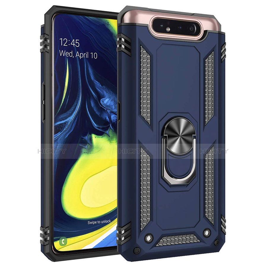 Silikon Hülle Handyhülle und Kunststoff Schutzhülle Tasche mit Magnetisch Fingerring Ständer für Samsung Galaxy A80 Blau