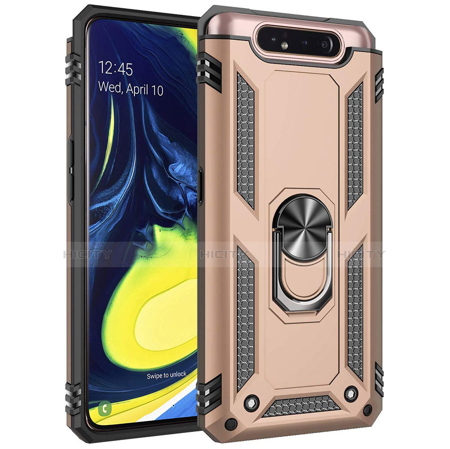 Silikon Hülle Handyhülle und Kunststoff Schutzhülle Tasche mit Magnetisch Fingerring Ständer für Samsung Galaxy A80 Gold